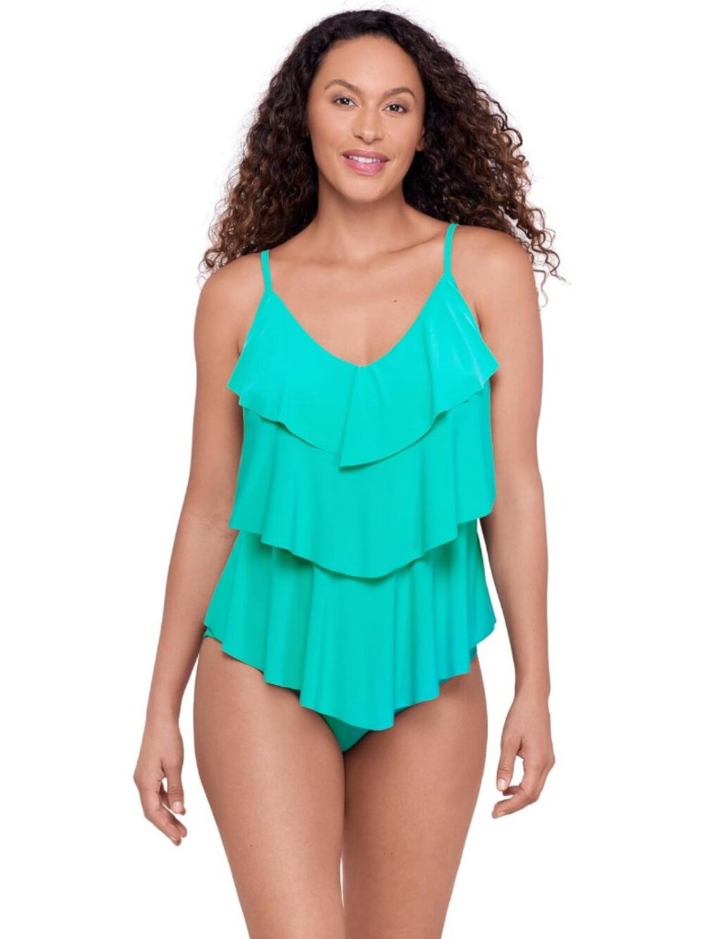 Aqua Green Women's Ruffle Tiered Swim Tankini Top with Adjustable Straps